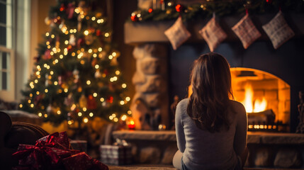 Young woman sitting by the fireplace at home in front of christmas tree - obrazy, fototapety, plakaty