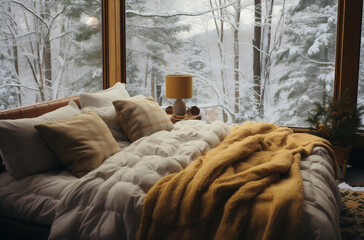Wooden bed with pillows and blanket in cozy bedroom in winter