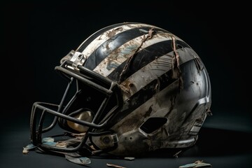 A damaged football helmet lying on its side, with black and gray backgrounds featuring stripes. Generative AI