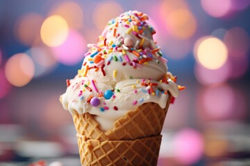 A close-up shot of a delicious, creamy, vanilla ice cream scoop melting slowly under the summer sun, served in a crunchy waffle cone with colorful sprinkles on top - obrazy, fototapety, plakaty
