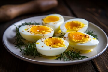 A close-up shot of a plate full of perfectly cooked hard-boiled eggs, peeled and halved, revealing their firm yellow yolks, set against a rustic wooden table background