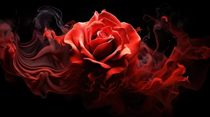 Foto op Plexiglas Red rose wrapped in smoke swirl on black background © tashechka