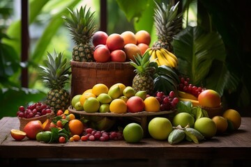 A vibrant display of the exotic Umbrella Fruit, beautifully arranged on a rustic wooden table, with a backdrop of lush green foliage, under soft, natural light