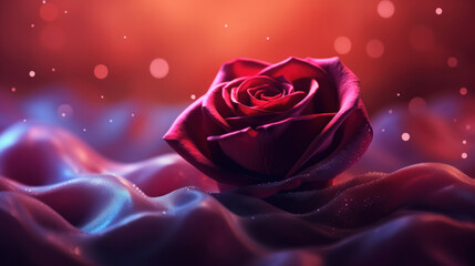 Dark red and purple Valentine's day background with rose, silk and beautiful bokeh