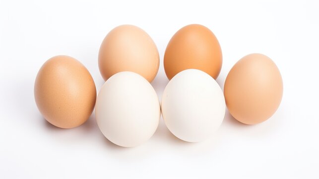 A closeup ,chicken eggs on a white background. Generative AI