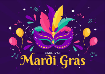 Mardi Gras Carnival Vector Illustration. Translation is French for Fat Tuesday. Festival with Masks, Maracas, Guitar and Feathers on Purple Background - obrazy, fototapety, plakaty