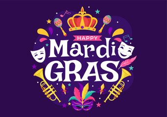 Mardi Gras Carnival Vector Illustration. Translation is French for Fat Tuesday. Festival with Masks, Maracas, Guitar and Feathers on Purple Background