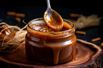 A close-up shot of a jar of homemade Dulce de Leche, a traditional Latin American sweet caramel spread, beautifully presented on a rustic wooden table with a silver spoon dipped in - obrazy, fototapety, plakaty
