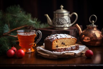 Fototapeta premium A beautifully decorated Tula pryanik, a traditional Russian gingerbread, served on a rustic wooden table with a cup of hot tea, evoking a sense of warmth and nostalgia