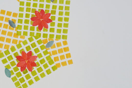 Orange and Green Squares as Background for Red Florettes and  Green Leaves on White