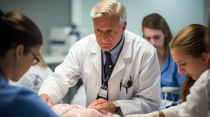 Obraz premium Health students receiving medical training from a senior doctor in a teaching hospital. generative AI