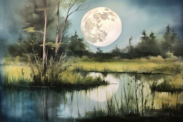 Watercolor painting of a night scene with a full moon reflecting on the water. Surrounding it, there are lush green meadows with grass. Generative AI