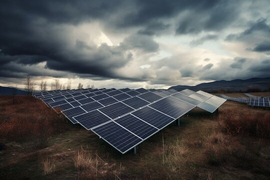 Renewable energy: solar panels under cloudy sky. Generative AI