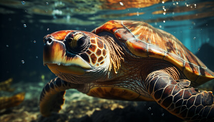 Obraz premium Close up of a beautiful, endangered sea turtle swimming underwater generated by AI