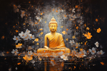 a colorful abstract painting of glowing golden buddha with leaves and dots - obrazy, fototapety, plakaty