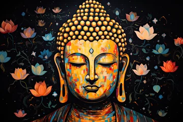 Zelfklevend Fotobehang a colorful abstract painting of glowing golden buddha with leaves and dots © Kien