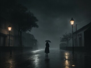 Fototapeta premium a silhouette of a lonely women with umbrella during gloomy night rainy day at the street.