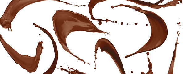 Many chocolate color splashes on white background