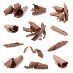 Many chocolate curls isolated on white, collection