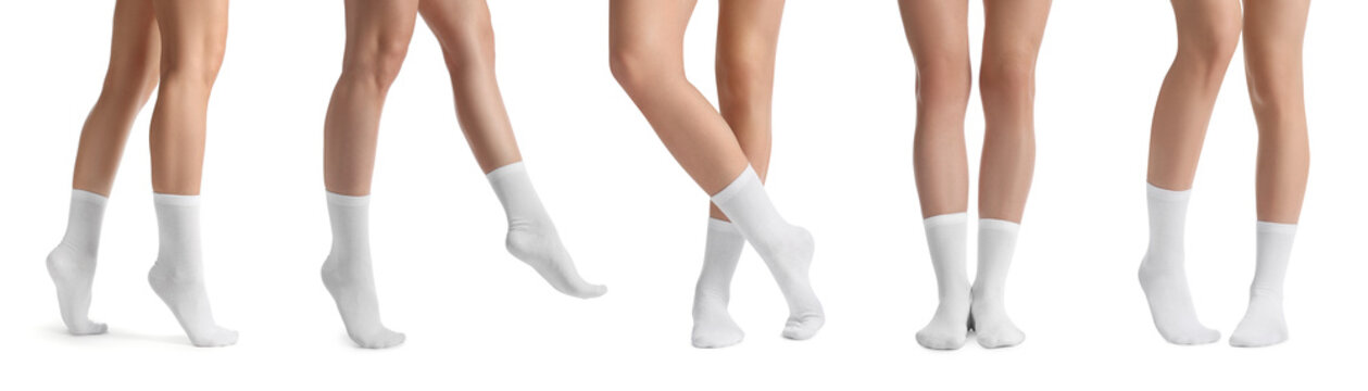 Women in stylish socks on white background, collection of photos