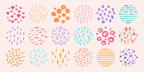 Abstract grunge shapes paint doodle objects set. Hand drawn ink scribble curve color patterns. Trendy marker scribbles, curved sketch lines texture. Kid ornament creative isolated vector illustration