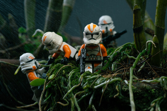 Depok, Indonesia - November 2, 2023: Lego toys photography, 212th clone troopers on swamp forest, bokeh background