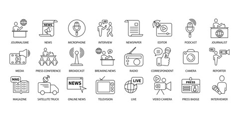 Journalism icons set. Set of editable stroke icons.Vector set of Journalism