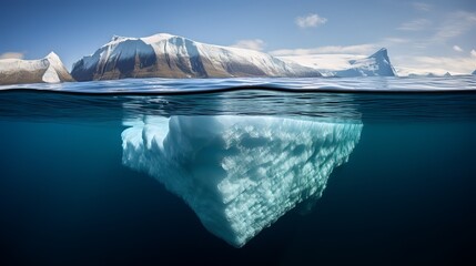 Iceberg in the ocean with a view under water. Crystal clear water. Hidden Danger And Global Warming Concept