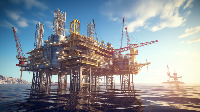 Offshore oil rig standing tall in the open sea under a clear blue sky