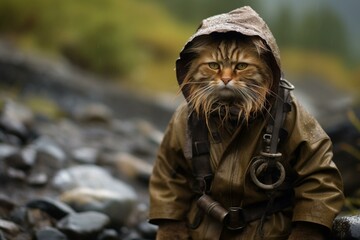 A feline dressed for an outdoor journey, trying out a robust outfit built to handle severe climate. Generative AI