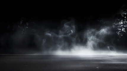 Smoke And Fog On Asphalt In Black Defocused Background 