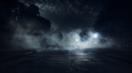 Smoke And Fog On Asphalt In Black Defocused Background 