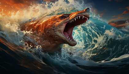 Majestic dragon roaring underwater, evoking fear in nature creatures generated by AI