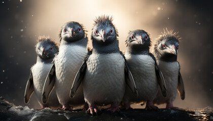 Cute penguin looking at camera in snowy arctic landscape generated by AI
