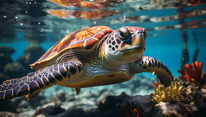 Obraz premium Turtle swimming underwater, surrounded by colorful fish and coral generated by AI