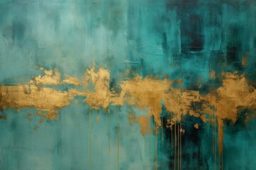 paint on a wall with teal color and gold leaf, Generative Ai