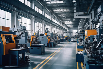 Many CNC machines arranged in one big and bright workshop