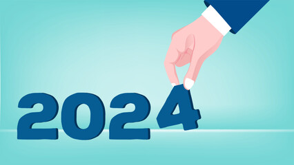 happy new years 2024 illustration, illustration of someone's hand arranging the numbers 2024, suitable for use when celebrating the new year