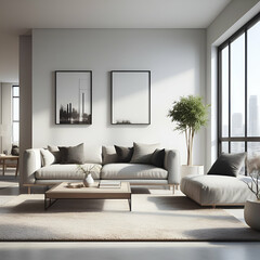 Modern Minimalist Designer Apartment White Fabric Living Room Interior with Window Overlooking Downtown Cityscape Skyline City View. Beautiful Couch, Pillows, Coffee Table Rug Green Plant & Wall Decor