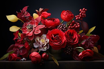 vibrant floral arrangement, crimson blooms set against a dark canvas. Generative AI
