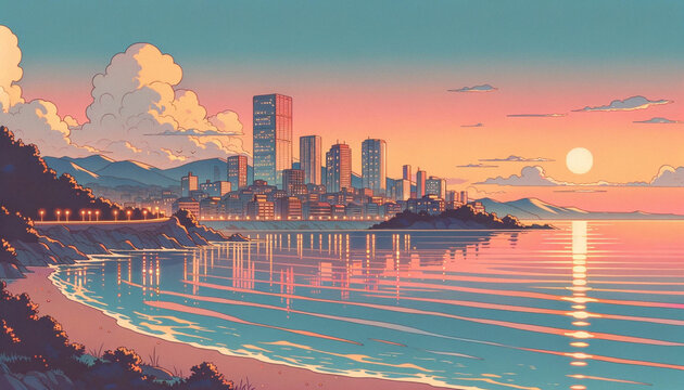 Sunset over the city and the sea with reflection in water in japanese anime style illustration. Generative AI.