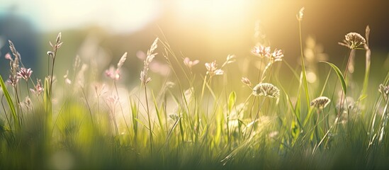 Backlit plants in a close up view of a meadow scene