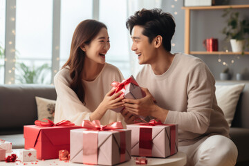 Asian couple exchange gifts on Valentine's Day holiday - obrazy, fototapety, plakaty