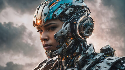 Technological Gaze: A Detailed Close-Up of a Futuristic Cyborg Human, Mastering the Blend of Metal and Artificial Intelligence