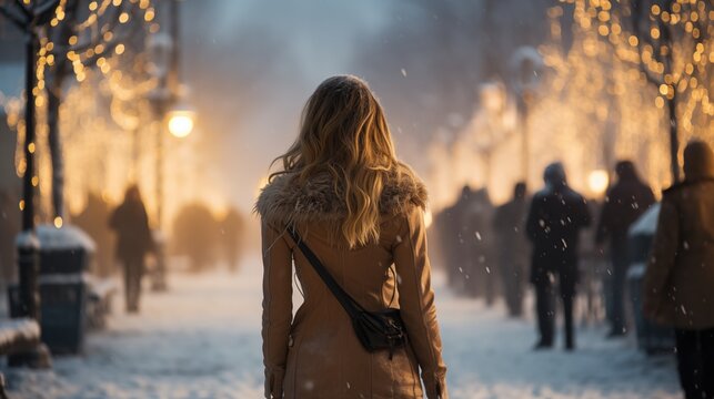 Back view of young woman walking in snowy street.