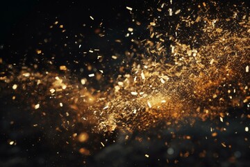 Sparkling gold glitter exploding against a dark backdrop. Generative AI - obrazy, fototapety, plakaty
