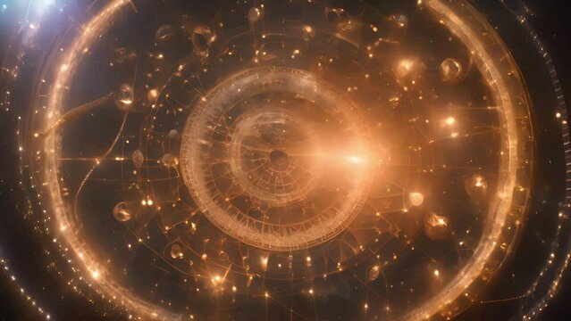 camera flies through Galactic Zodiac Nexus, showcasing intricate interconnected zodiac energies. movements energy channels resemble cosmic dance, representing harmony balance