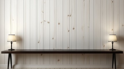 Fototapeta na wymiar A clean, minimalist background with white wood paneling and studio lighting.
