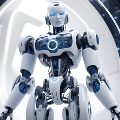 Futuristic blue and white robot with artificial intelligence