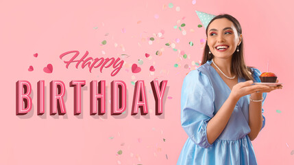 Greeting card with happy woman holding Birthday cake